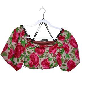 Anthropologie Frida Floral Off The Shoulder Cropped Top Women XXS Pink Roses‎